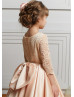 Three Quarter Sleeves Peach Lace Satin Peplum Long Flower Girl Dress Three Quarter Sleeves Peach Lace Satin Peplum Long Flower Girl Dress